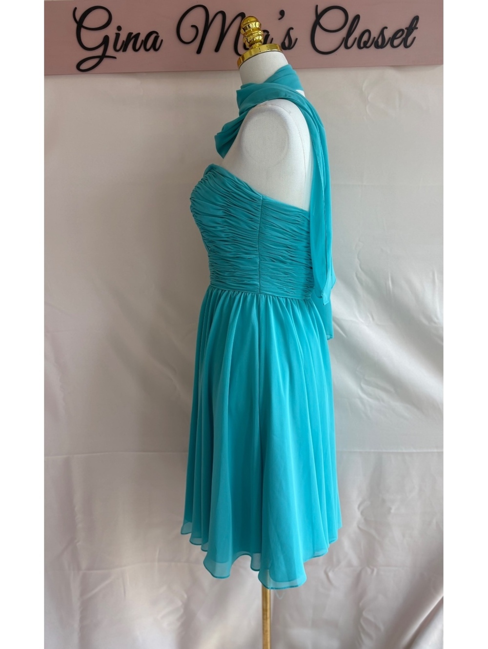 Mori Lee Aqua Blue Strapless Ruched Chiffon Cocktail Dress with Shawl, Size 6 - Picture 3 of 6